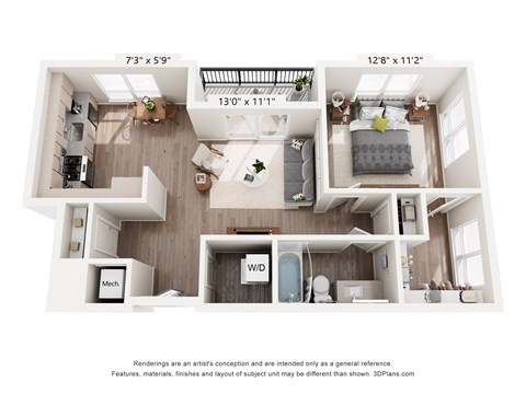 Floor plan for 1 bed, 1 bath, 780 sqft